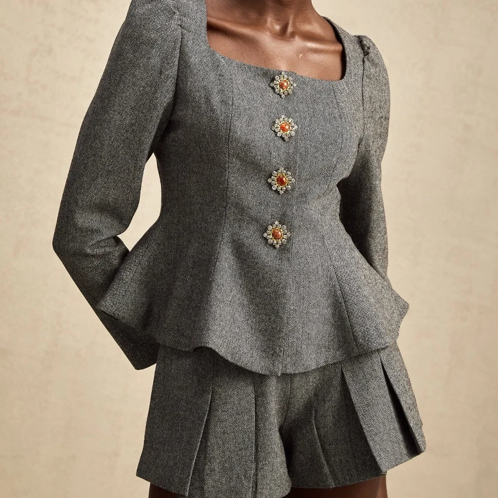 MISS ROSIER AGATHE GREY HERRINGBONE TOP & SHORTS MATCHING SET SIZE S - Picture 2 of 3